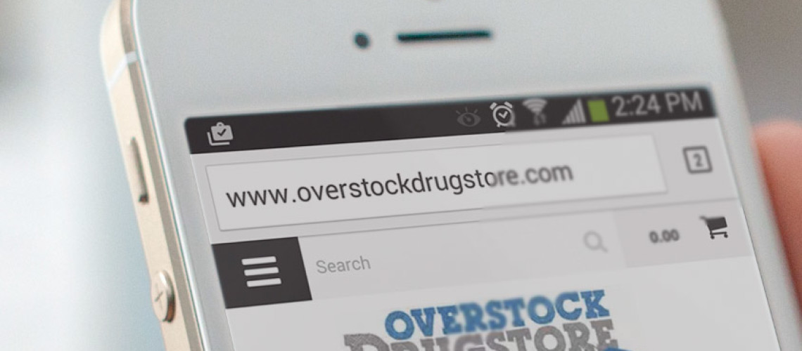 Zoomed in on the Overstock Drugstore website on a mobile phone.
